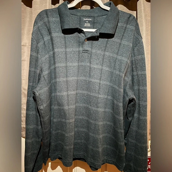 Men’s Van-Heusen Sz XXL pullover partial button blue / gray w gray/white checks - Picture 2 of 3